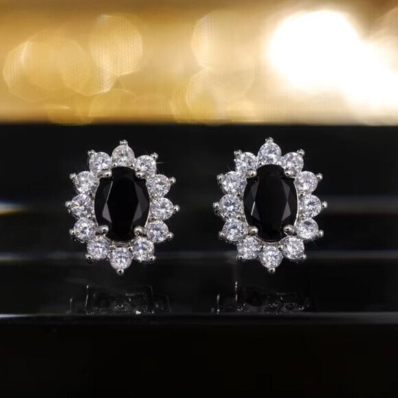 18k White Gold Black Sapphire Diamond Earrings Oval Cut Earrings - Picture 2 of 2